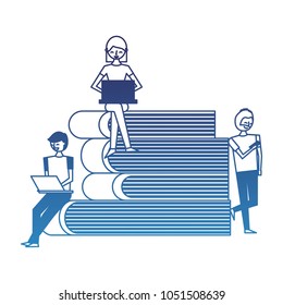 people using technology devices and pile books