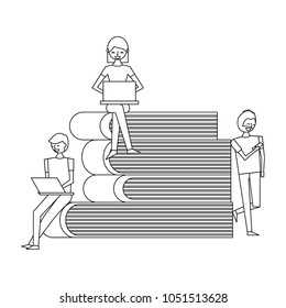 people using technology devices and pile books