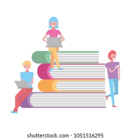 people using technology devices and pile books