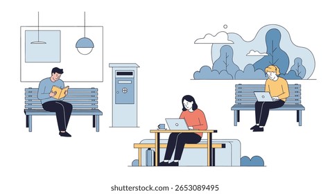 Pessoas usando tecnologia e relaxando ao ar livre em um espaço público Criando uma atmosfera comunitária pacífica