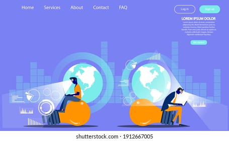 People using technology  virtual reality glasses with laptop. modern design idea  concept vector Infographics template.
