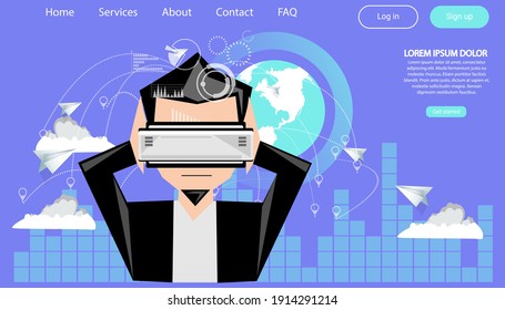 People using technology  virtual reality glasses. modern design idea  concept vector Infographics template.