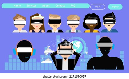 People using technology  virtual reality glasses. modern design  Social network,success,plan,think,search,analyze,communicate, futuristic idea innovation technology.