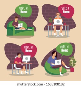 people using technology work at home vector illustration design