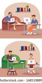 people using technology work at home vector illustration design
