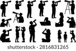 People Using Telescope Silhouette Collection with Astronomy Observation and Stargazing Activities