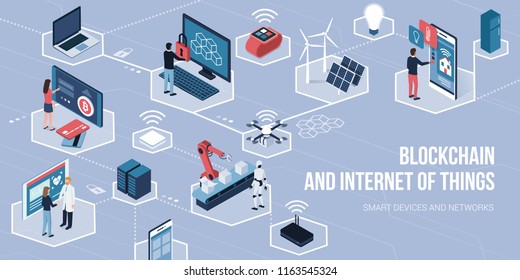 People using touch screen interfaces, augmented reality and IOT devices: blockchain of things and networks concept