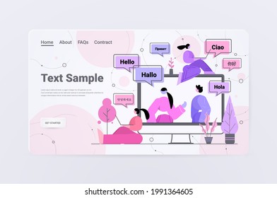 people using translation application multilingual greeting international communication concept