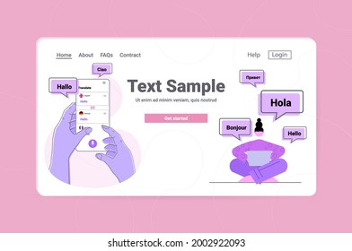 people using translation application multilingual greeting international online communication concept