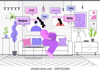 people using translation application multilingual greeting international online communication concept