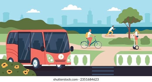 People using urban eco transport riding bicycle skateboard hoverboard electric bus flat concept vector illustration