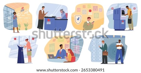 People using variety of banking services for saving money, financial transactions cartoon scene set. Mobile application, atm machine, bank safe and cashier desk client access vector illustration