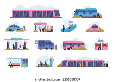 People using various means of public transport flat set with subway bus taxi isolated on white background vector illustration