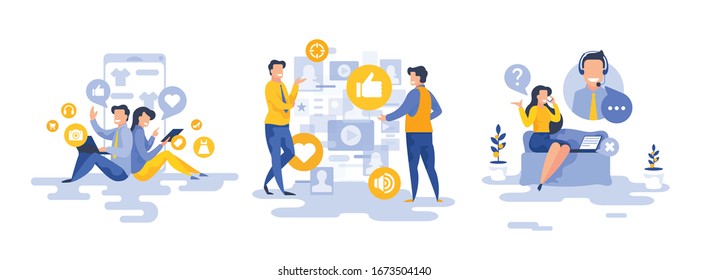 People using various opportunities of online communication. Set vector illustration with cartoon characters browsing shop page and analyzing data in social media and communicating with support agent