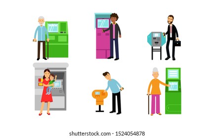 People Using Various Range Of Automatic Teller Machines Vector Illustrations Set
