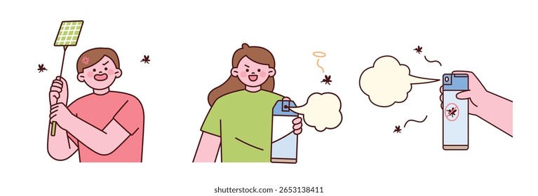 People using various tools to eliminate mosquitos. Includes a person holding an electric mosquito swatter, a woman applying mosquito spray, and a hand spraying insect repellent.
