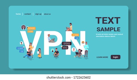 people using virtual private network vpn for communication cyber security and privacy concept secure online connection personal data protection horizontal full length vector illustration