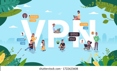 people using virtual private network vpn for communication cyber security and privacy concept secure online connection personal data protection horizontal full length vector illustration