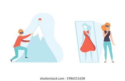 People Using Virtual Reality Technologies Set, Male and Female Characters Mountaineering and Trying on Clothes Wearing Vr Glasses Flat Vector Illustration