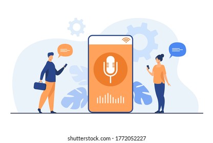 People using voice assistant app on smartphone with speaker on screen. Vector illustration for sound technology, ai, smart interface, soft ware development concept