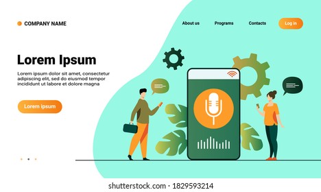 People using voice assistant app on smartphone with speaker on screen. Vector illustration for sound technology, ai, smart interface, soft ware development concept