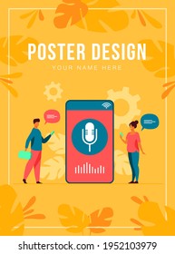 People using voice assistant app on smartphone with speaker on screen. Vector illustration for sound technology, ai, smart interface, soft ware development concept