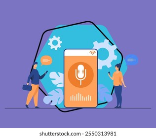 People using voice assistant app on smartphone with speaker on screen. Vector illustration for sound technology, ai, smart interface, soft ware development concept