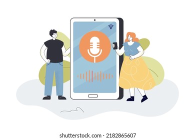 People using voice recording software in phone. Tiny man and woman and smartphone with microphone on screen flat vector illustration. Voicemail concept for banner, website design or landing web page