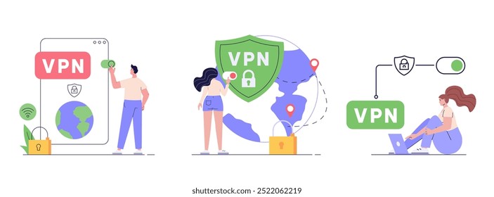 Menschen, die VPN für Computer, Smartphone mit VPN-Zeichen. Benutzer, die personenbezogene Daten mit VPN-Dienst schützen. Konzept des virtuellen privaten Netzwerks, с, Datenschutz. Vektorgrafik