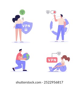 People using VPN for computer, smartphone with VPN sign. Users protecting data with VPN service. Character set of virtual private network, сyber security, data protection. Vector illustration