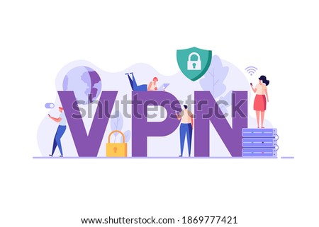 People using VPN for computer, smartphone with VPN sign. Users protecting personal data with VPN service. Concept of virtual private network, сyber security, data protection. Vector illustration