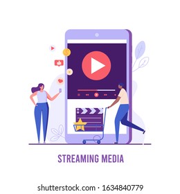 People using and watching streaming service with mobile phone. Streaming cinema concept. Concept of video marketing, online cinema. Vector illustration for UI, web banner, mobile app