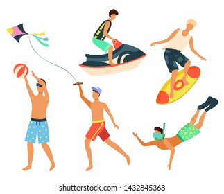 People using water transport for fun vector, isolated man standing on surfing board. Snorkeling diver wearing mask. Summertime sport. Kite sand jet machine summer activity