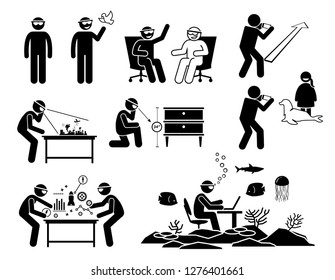 People using and wearing future augmented reality headset, glasses, and spectacles. Stick figure pictogram depicts icons for AR devices and the application usages with the futuristic technology.