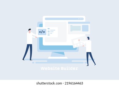 People using website builder for website creation, Website coding, application development - flat design vector illustration with icons and characters