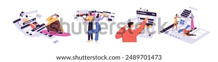 People using websites set. Designers' team does interface design of app. SEO does research, analysis. Characters search information in internet. Flat isolated vector illustrations on white background