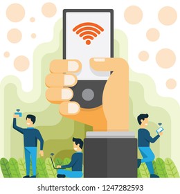People using wireless internet. Public free Wi-Fi hotspot zone concept vector illustration in flat style design. 