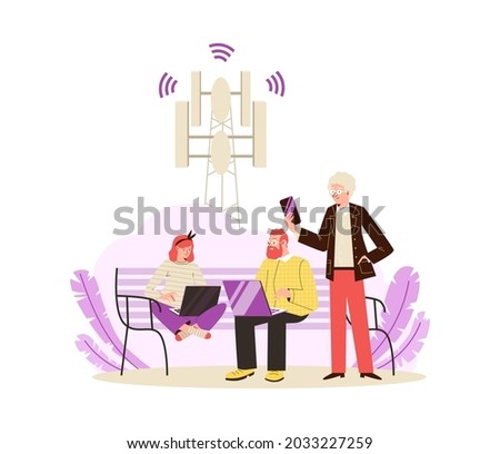 People using wireless internet signal of 5G telecommunication tower, flat vector illustration isolated on white background. Mobile connection and Wi-Fi technology.