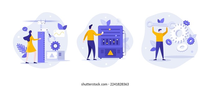 Personas que utilizan la llave, el manipulador y los deslizadores en el panel de control o en el salpicadero. Concepto de robótica, ingeniería, administración de configuraciones, tecnología para la automatización de tareas. Conjunto de ilustraciones vectoriales planas.