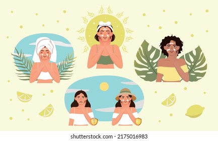 People UV protection for skin. Using sunscreen lotion, sun hat. Set of vector flat illustration. SPF.