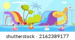 People vacation in aquapark. Family summer chill aquapark or swim hotel pool party, parents child entertainment sea extreme waterpark slide attraction, vector illustration of aquapark recreation