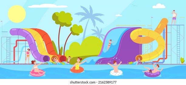 People vacation in aquapark. Family summer chill aquapark or swim hotel pool party, parents child entertainment sea extreme waterpark slide attraction, vector illustration of aquapark recreation