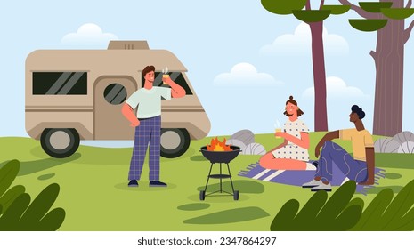 People at vacation at camp concept. Men and woman with hot drinks and barbecue. Summer rest outdoor at nature. Young guys and girl near van and camper in forest. Cartoon flat vector illustration