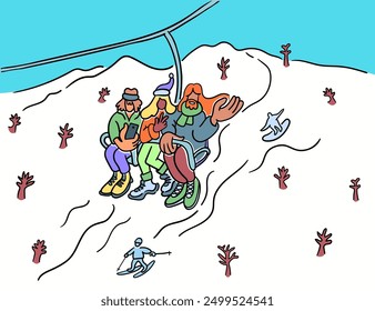 people vacation on ski resort in doodle in vector. illustration for banner website app sticker poster