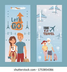 La gente se pone de vacaciones, vamos y tiempo para viajar, ilustración vectorial. Feliz turismo de pareja en avión con maleta en volante vertical de vacaciones. Carácter familiar en viaje juntos, antecedentes europeos.