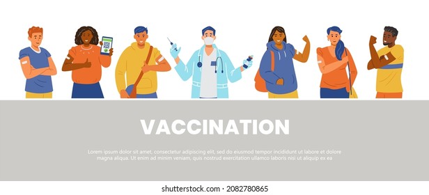 People vaccination against coronavirus flat vector horizontal banner. Multiracial men and women vaccinated showing hands with patches. Doctor holding vaccine and syringe.