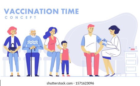 People vaccination concept for immunity health. Doctor makes an injection of flu vaccine to a man in hospital. Patients are waiting in line. Healthcare, medical treatment, prevention and immunize.