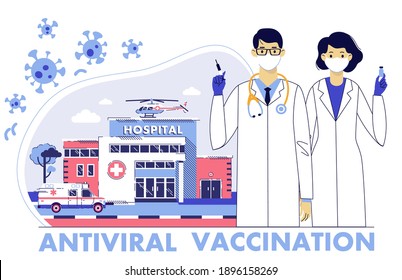 People vaccination concept for immunity health. Covid-19. Medicine team, young doctors man and woman with syringe and vaccine on hospital background.