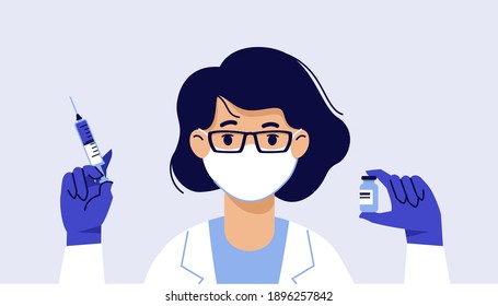 People vaccination concept for immunity health. Covid-19. Young doctor woman with syringe and vaccine isolated on blue background. Healthcare, coronavirus, prevention and immunize.