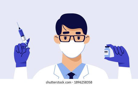 People vaccination concept for immunity health. Covid-19. Young doctor man with syringe and vaccine isolated on blue background. Healthcare, coronavirus, prevention and immunize.